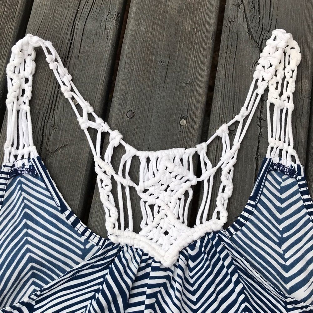 ALYA Navy/White Striped Racerback Crochet Top - Picture 7 of 8